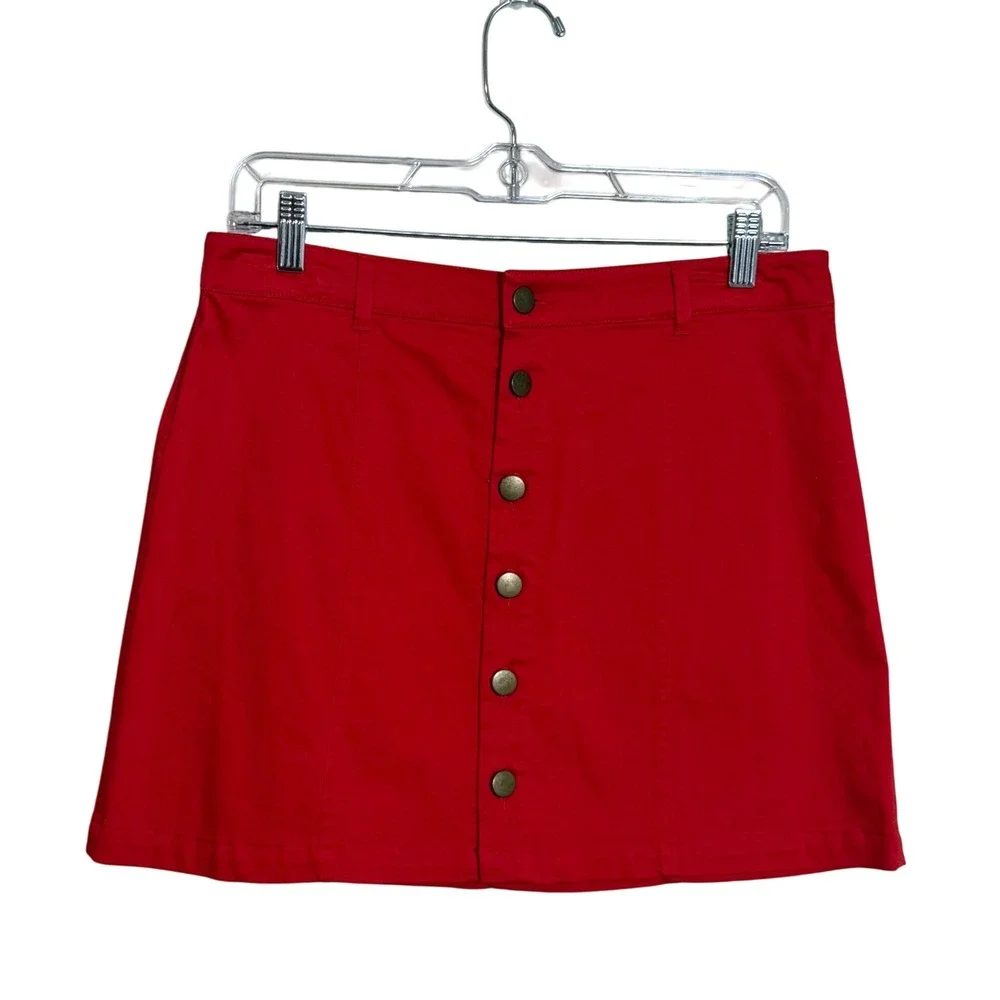 Bongo VNTG Red Button Front A Line Mini Skirt Women's Size Medium Cotton Spandex